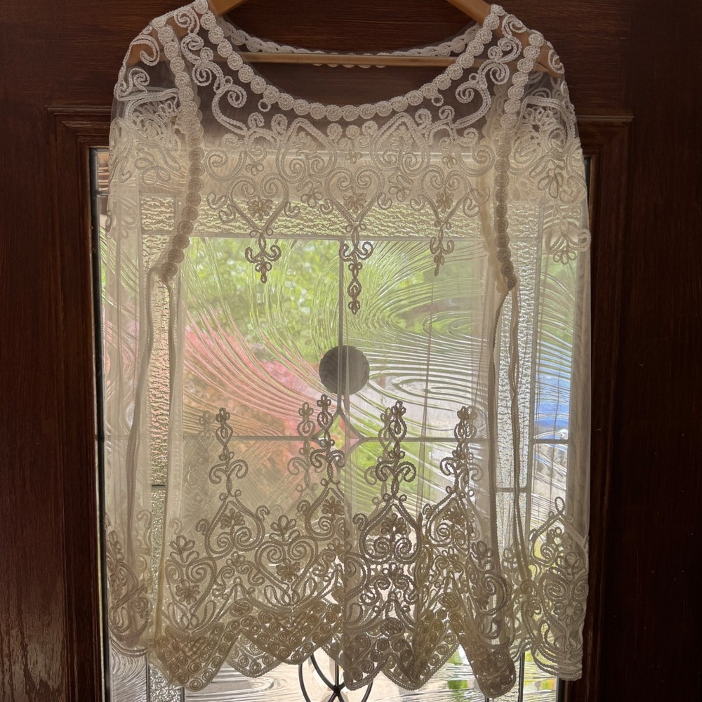 Women's Lace Mesh Sheer Top Ivory Embroidered Coquette Ethereal Victorian Bridal